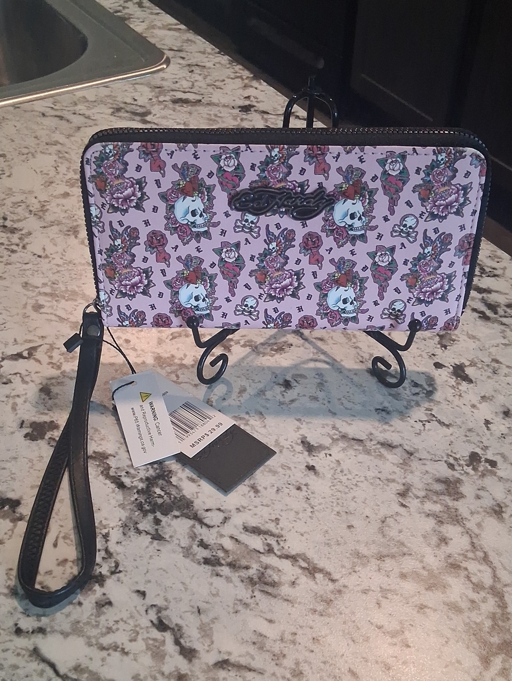 Ed Hardy Pink Skull & Rose Zip Wallet Wristlet with Black Trim